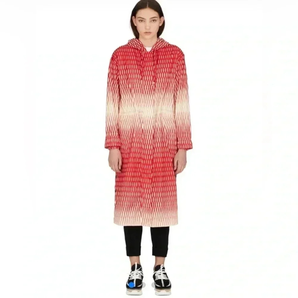 Kezno Paris Fishnet Print Red & Cream Hooded Raincoat Size Medium